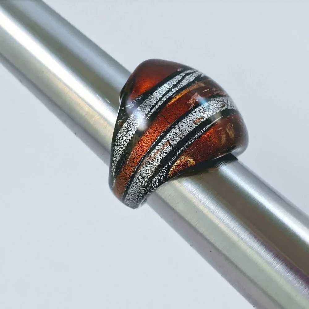 Vintage Brown Silver & Black Stripes Art Glass Domed Shimmery Wide Chunky Ring